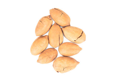 Heap of pecan nuts in broken shell on white background top viewの写真素材