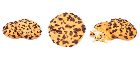 dark chocolate chip cookies piece stack and crumbs on white background of closeup tasty bakery organic homemade biscuit sweet dessertの写真素材