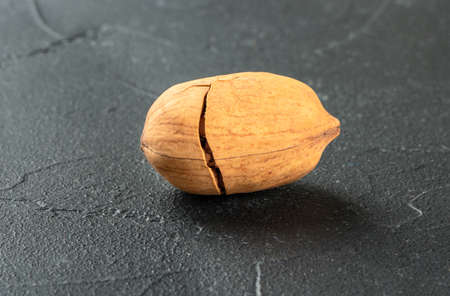 Pecan nut in shell close-up on a dark backgroundの写真素材