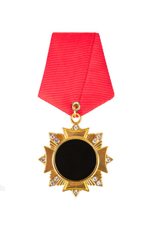 Gold medal in the shape of a star with a red ribbon on the chest isolated on a white background. empty placeの写真素材