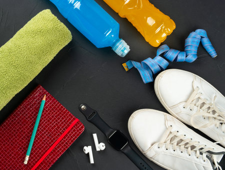 Fitness concept. Towel, sneakers, a bottle of isotonic drink, notepad, smart watch, measuring tape on a dark concrete background, top view. copy space.の写真素材