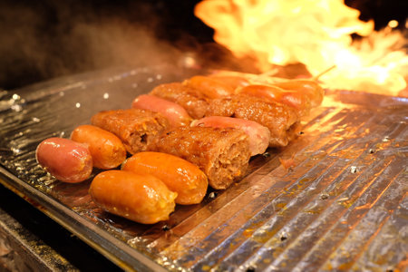 Grilled sausages on a barbecue grill, close-upの写真素材