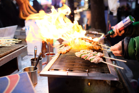 Barbeque on the street in Seoul, South Korea, Asiaの写真素材