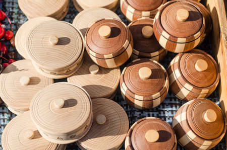 Empty wooden bowl with a lid.の写真素材