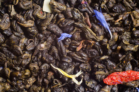 Texture of green tea with cornflower petals mallow close-up.の写真素材