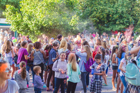 2 september 2017 Ukraine, White Church.Young people have fun during the Holi holiday throwing...