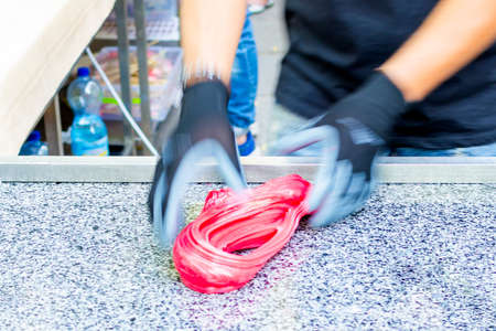 The process of caramel cooking outdoors.の写真素材