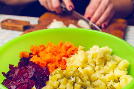 Sliced ingredients for salad vinaigrette.の写真素材