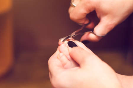 The mother cuts the child's nails on the legs close-up.の写真素材