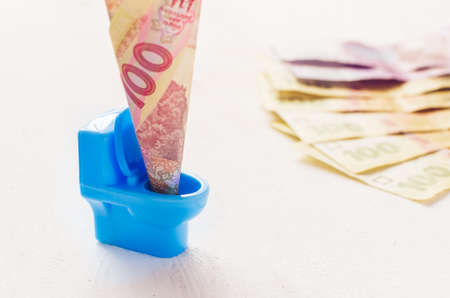 One hundred Ukrainian hryvnia in a blue toy toilet.の写真素材