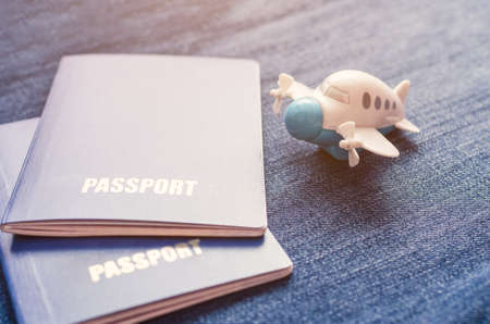 A small toy plane and two blue passports.の写真素材