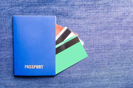 Blue passport and credit cards.の写真素材