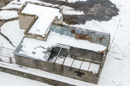 The destroyed building without a roof is a top view.の写真素材