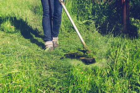 A man mows a green grass lawn mower on a sunny day.の写真素材