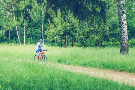 A cyclist in a helmet rides through the forest on a bicycle path.の写真素材