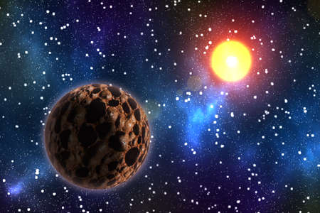 The cosmic landscape, an imaginary planet in space.