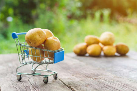 A small shopping trolley with potatoes on an old wooden table.の写真素材
