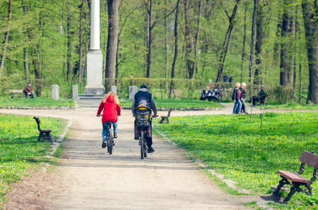 Belaya Tserkov, Ukraine - April 21, 2019 A group of cyclists ride in the city park