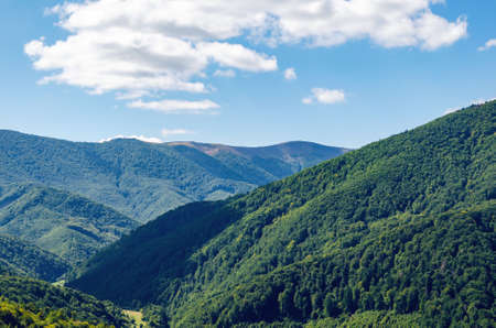 Carpathian landscape with forest slopes, mountain ranges and peaks. Holidays in the mountains.