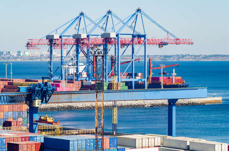 Port cargo crane loads a container onto a cargo ship.の写真素材