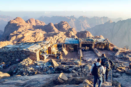 Sinai Peninsula, Egypt, May 9, 2019: Pilgrims descend from Mount Moses at sunrise.のeditorial素材