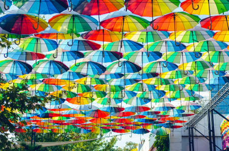 Hanging multicolored colorful umbrellas adorn the alley, street decoration.の写真素材