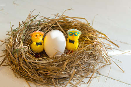 Yellow toy chickens and eggs in the nest.