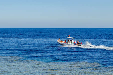 Sharm El Sheikh, Egypt May 10, 2019: Speed boat rushing through the clear waters of the Red Sea.のeditorial素材