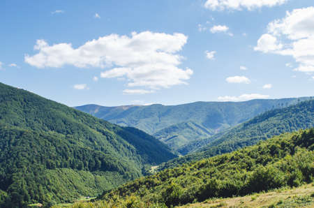 Carpathian landscape with forest slopes, mountain ranges and peaks. Holidays in the mountains.