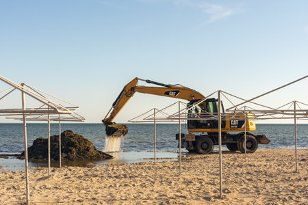 Skadovsk, Ukraine, June 08, 2021: Cleaning the beach from algae using an excavator.のeditorial素材