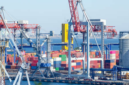 Port cranes and sea containers in the cargo seaport.