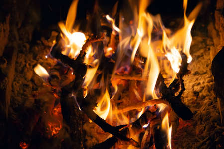 Bright flame of a burning fire in the dark.
