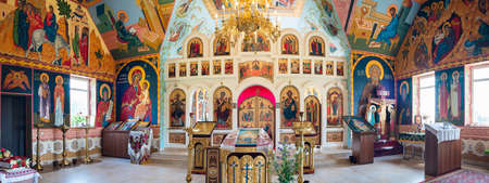 Ostriki, Ukraine, July 19, 2021: Panorama of the interior of the Orthodox Church.