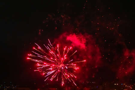 Festive colorful fireworks in the night sky, abstract background.の写真素材