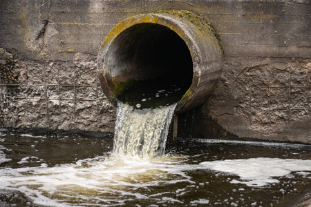 Dirty water flows from the pipe into the river, environmental pollution. Sewerage, treatment facilities.の写真素材