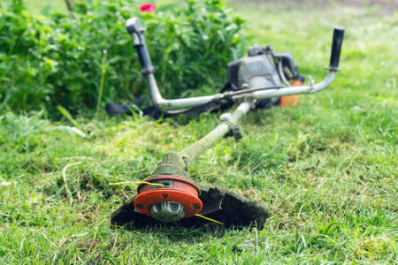 Garden gasoline trimmer lies on the grass.の写真素材