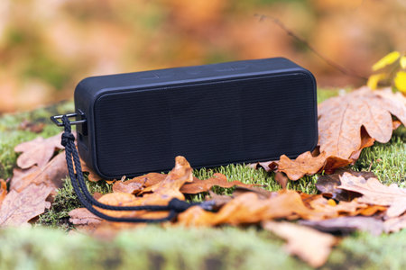 Portable wireless speaker for listening to music on a stump overgrown with moss.