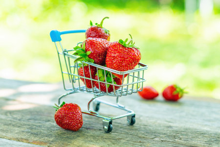 Red ripe juicy strawberries in a small metal cart from a supermarket in a summer garden.の写真素材