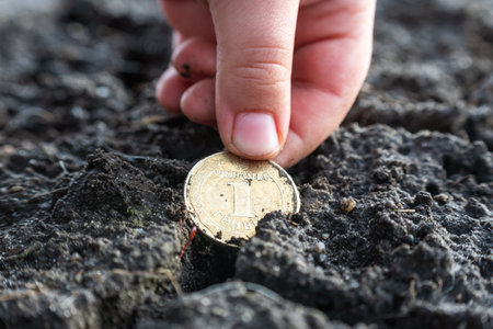 The child's hand raises the Ukrainian one hryvnia coin lying in the black soil.の写真素材