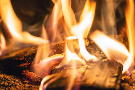 Bright flame of a burning fire in the dark.の写真素材