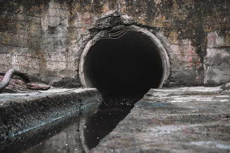Sewage drainage pipe, sewage flows from the collector. Environmental pollution.の写真素材
