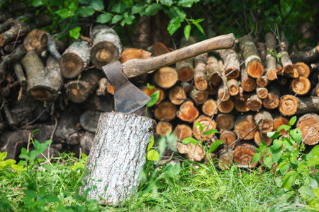 Old rusty ax with a wooden handle in a log.の写真素材