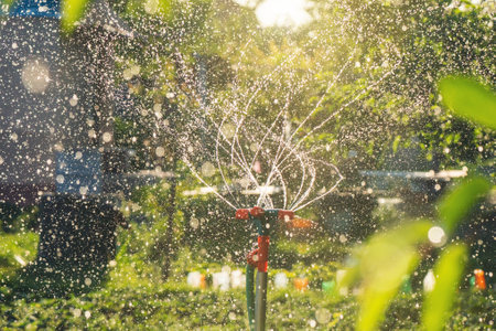 A garden sprinkler waters fruits and vegetables in the garden at sunset. Garden watering system with rotating sprinkler.の写真素材
