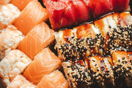 Set of sushi rolls with shrimp, salmon, tuna.の写真素材