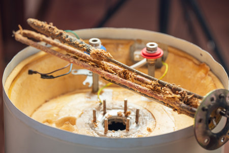 Corrosion and mineral deposits on the heating element of an electric boiler. Boiler maintenance and repair.の写真素材