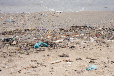 Polluted sea coast, waste lying on the sand, environmental problems.の写真素材