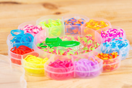 Multicolored rubber bands for children's creativity, for weaving various decorations.の写真素材