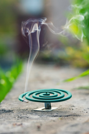 Smoldering mosquito repellent coil in summer garden, insect protection.の写真素材