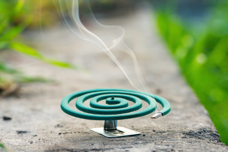 Smoldering mosquito repellent coil in summer garden, insect protection.の写真素材