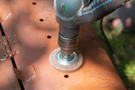 A worker removes rust and corrosion from a metal surface using a wire brush attachment on an...